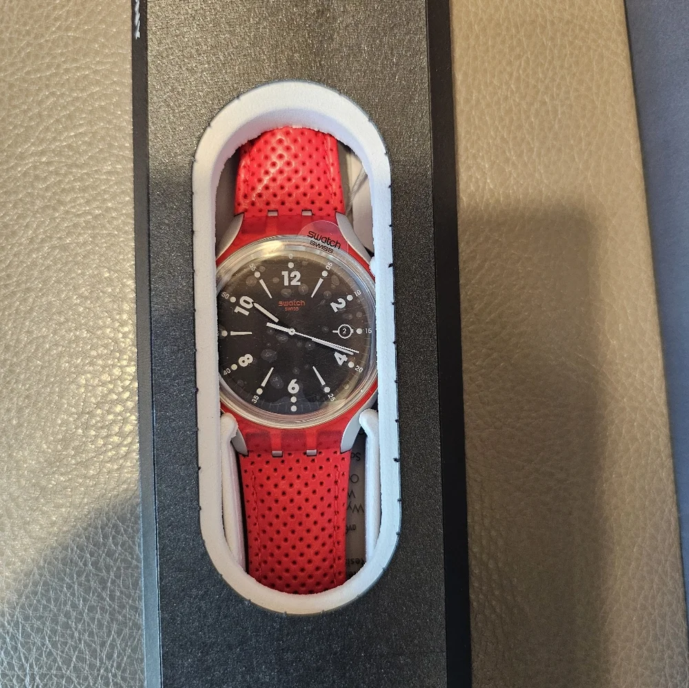 SWATCH GO JUMP X-lite Aluminum Red Perforated Leather Watch -Brand New - Picture 3 of 5